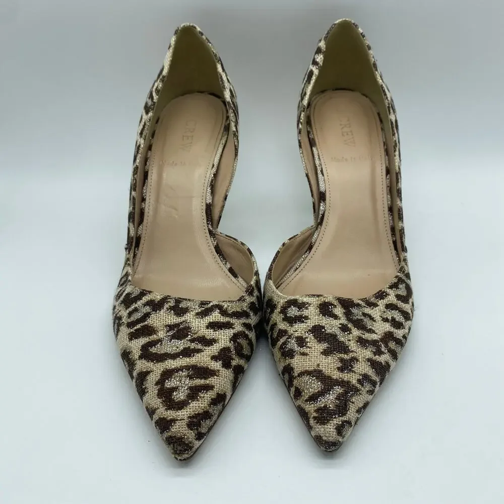 J. Crew Colette D'Orsay Brown Tan Metallic Animal Print Point Toe Heels size 7.5
